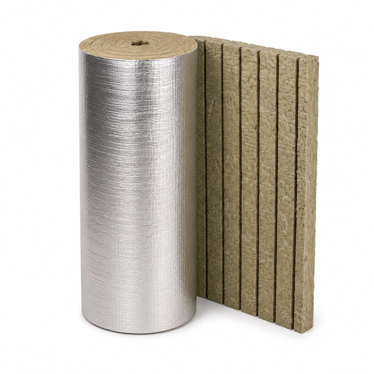 Rollo de lana mineral ranurado 6 lb/ft³ para aislamiento térmico de tuberías, tanques y equipos industriales de superficie curva.